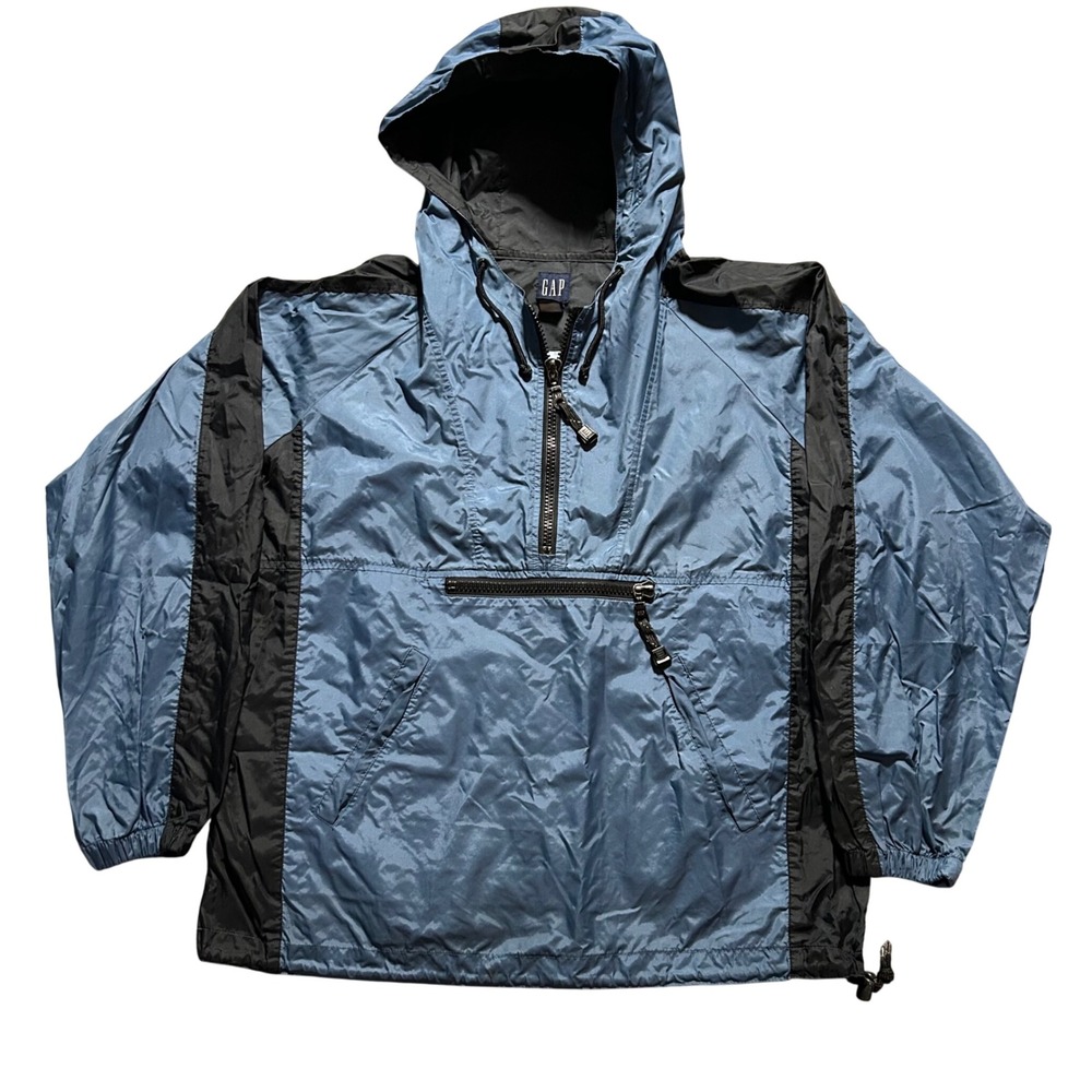 VTG Y2K GAP Anorak Jacket Mens S Blue Black Half Zip Hooded Nylon Windbreaker